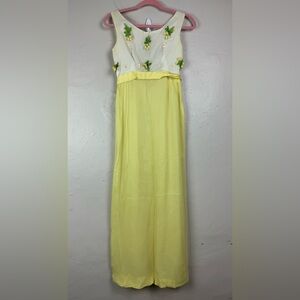 Vtg 60s Yellow Sleeveless Long Dress Floral Pearl Detail SIZE XS/S costume party